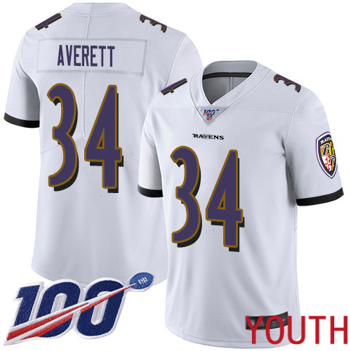 Baltimore Ravens Limited White Youth Anthony Averett Road Jersey NFL Football #34 100th Season Vapor Untouchable->youth nfl jersey->Youth Jersey